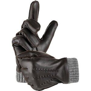 Mens Leather Gloves Winter Warm Cashmere Lined Touchscreen Driving Motorcycle Gl